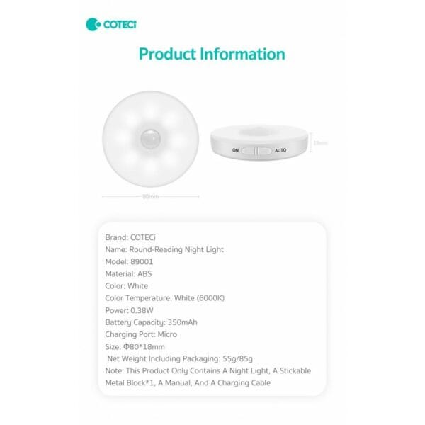 coteetci motion sensor led light (white light 2700k) 89001