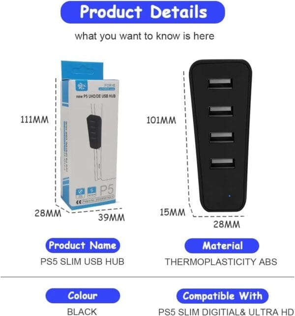 konix ps5 silm usb hub 4 port (3328170022507)