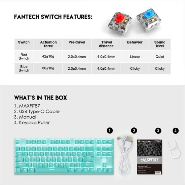 fantech mk856 maxfit87 wired mechanical keyboard mint edition (blue switch)