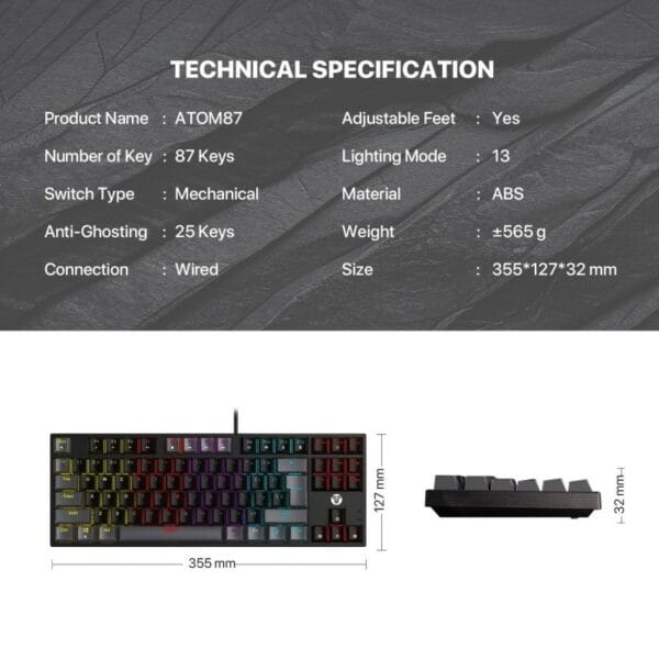 fantech mk876v2 atom87 wired mechanical keyboard sumi edition (blue switch)