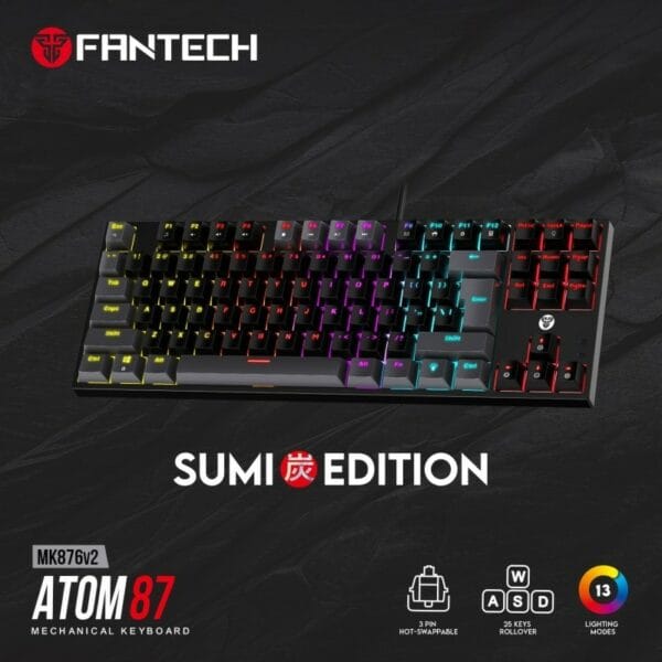 fantech mk876v2 atom87 wired mechanical keyboard sumi edition (blue switch)