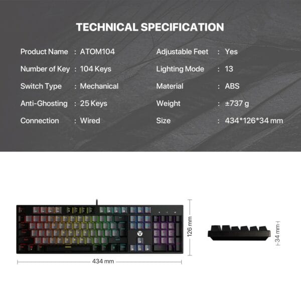 fantech mk886v2 atom 104 wired mechanical keyboard sumi edition (blue switch)
