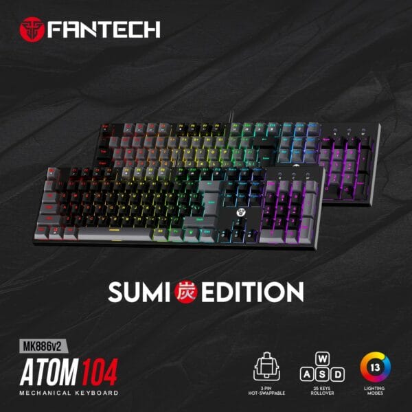 fantech mk886v2 atom 104 wired mechanical keyboard sumi edition (blue switch)