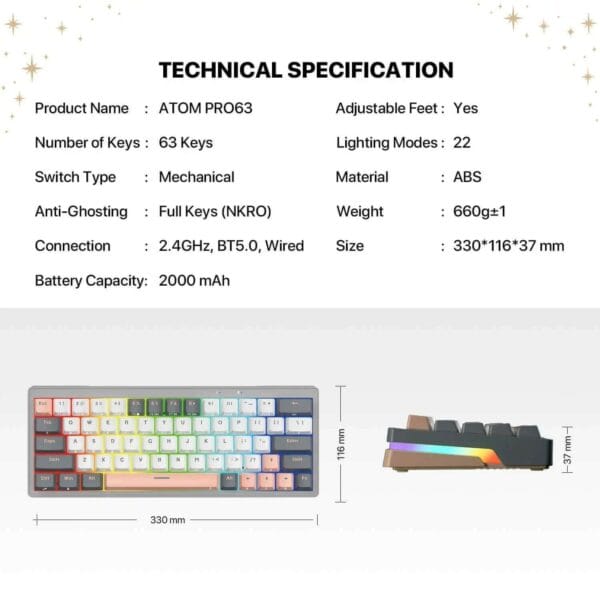 fantech mk912 atom pro63 tri mode mechanical keyboard stellar edition (red switch)