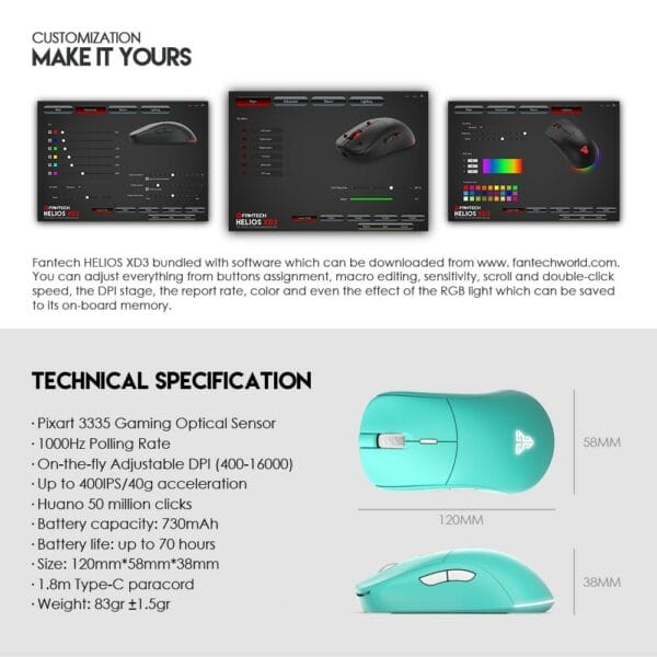 fantech xd3 helios dual mode gaming mouse mint edition