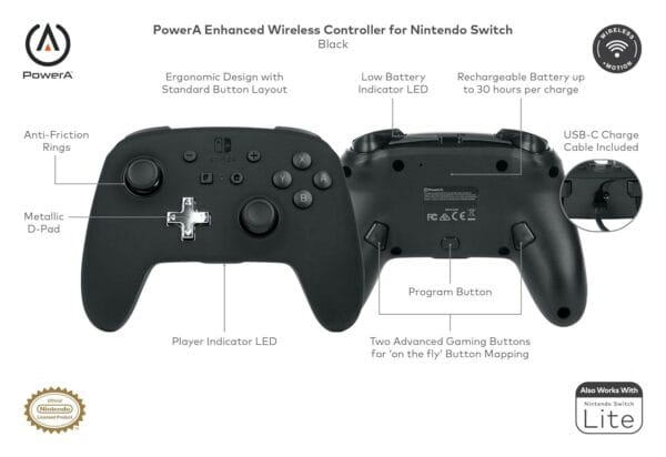 powera enhanced nintendo switch controller wireless black rechargeable pro controller for switch