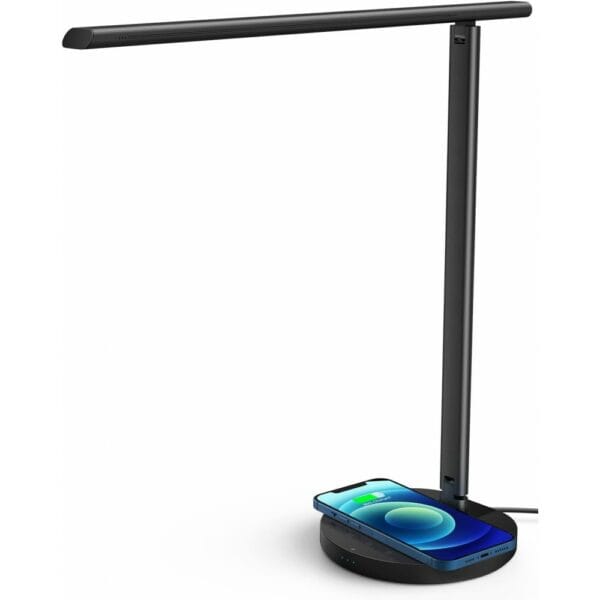 momax bright led desk lamp with wireless charger, modern smart desk lamp with usb charging port (ql6sukw)
