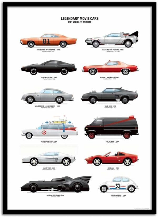 art poster legendary movie cars olivier bourdereau