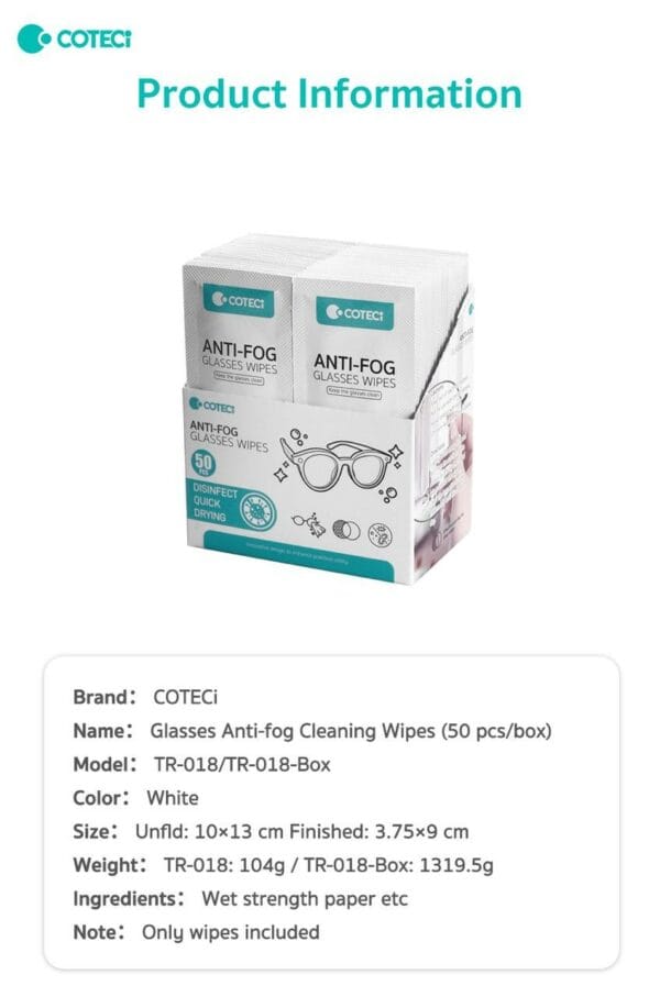 coteetci glasses anti fog cleaning wipes (tr 018)