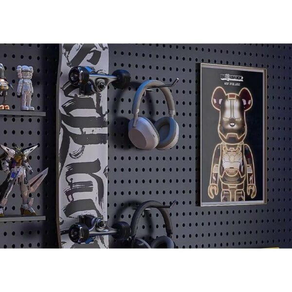 black pegboard wall shelf