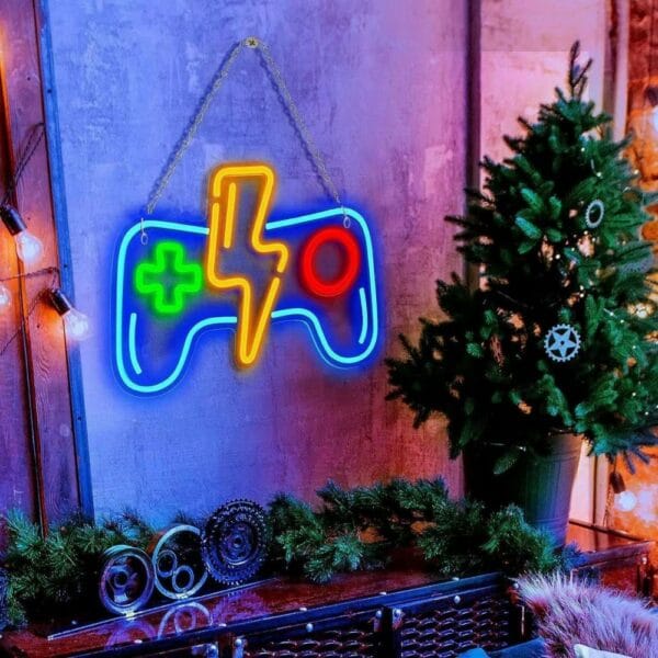 lightning bolt game controller neon sign
