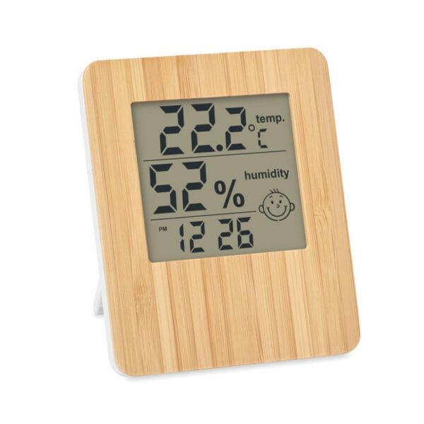 bamboo weather station includes a clock, temperature, humidity...