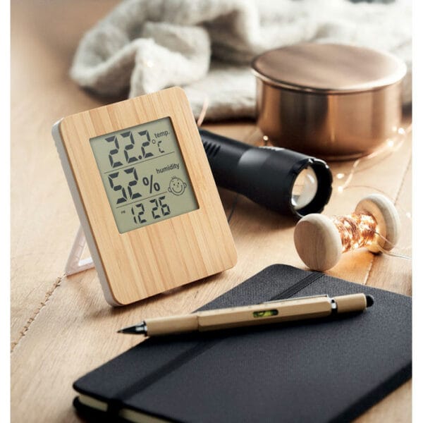 bamboo weather station includes a clock, temperature, humidity...