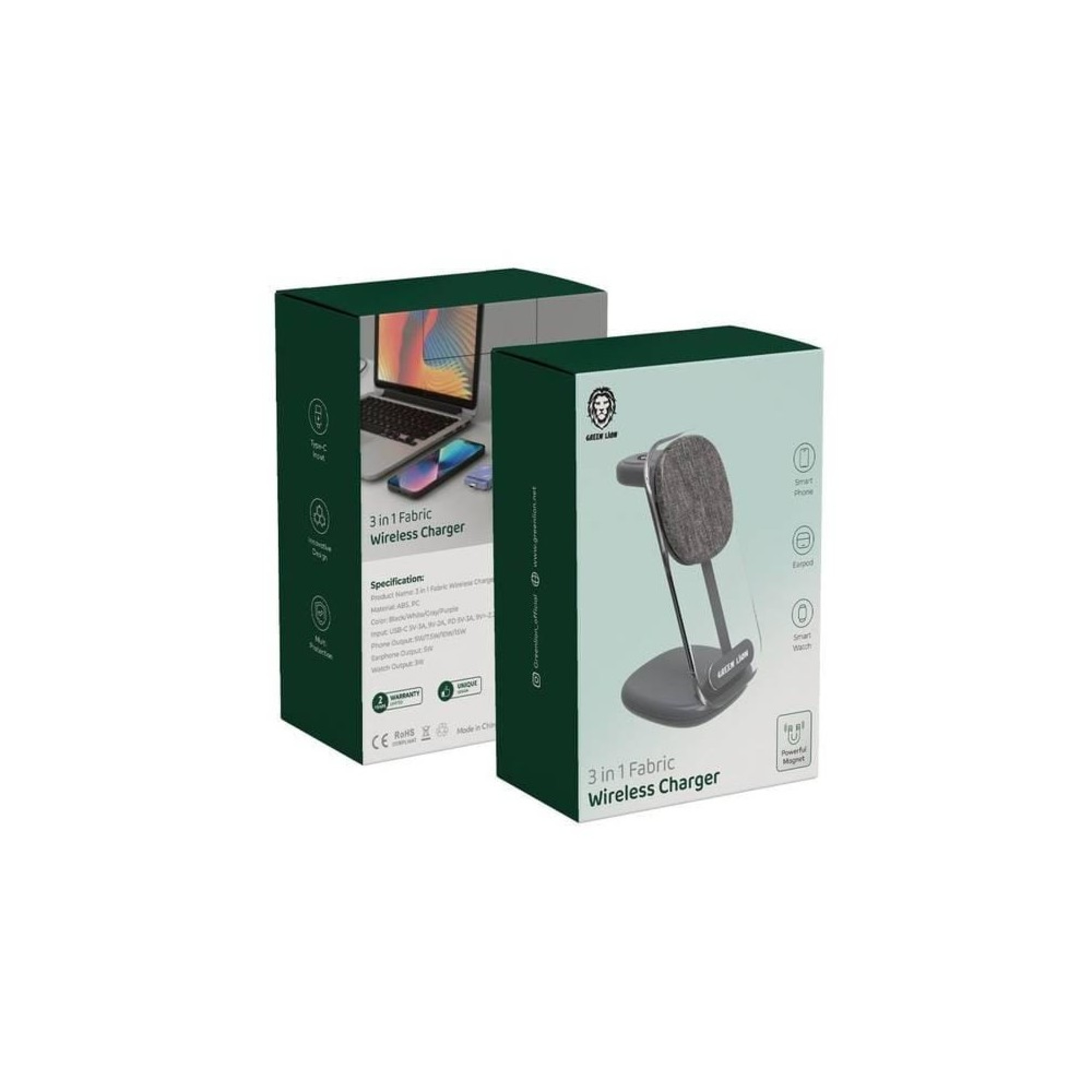 green lion 3 in 1 fabric wireless charger 15w grey