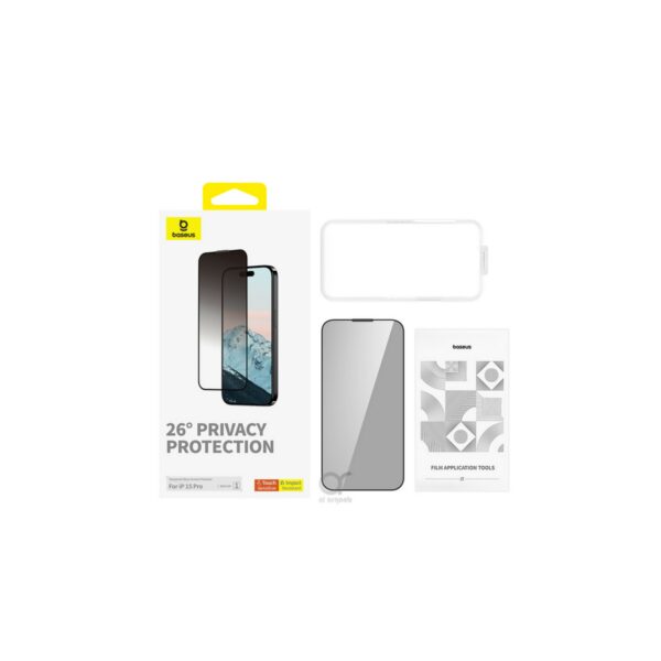 baseus diamond full coverage 28* privacy protection tempered glass for ip 15 pro