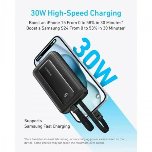 anker zolo power bank 10000mah 30w with built in usb c and lightning cables (a1680h11)