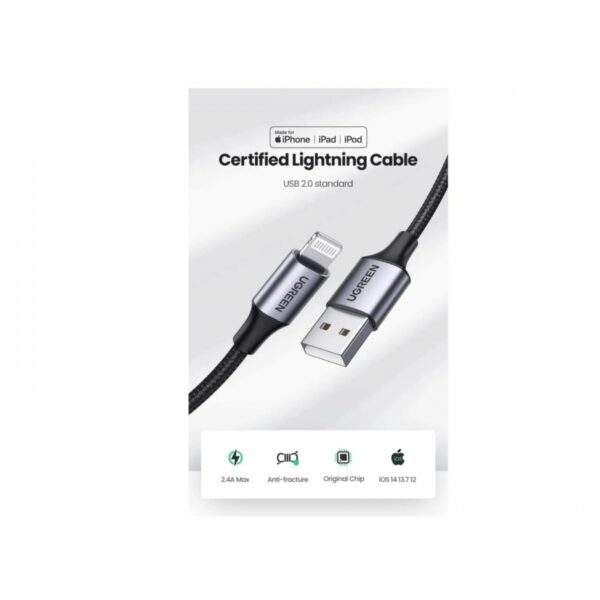 ugreen 60156 lightning to usb cable alu case with braided 1m (black)