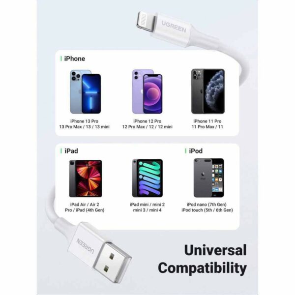 ugreen 20728 usb a male to lightning male cable nickel plating abs shell 1m (white) (6957303827282)