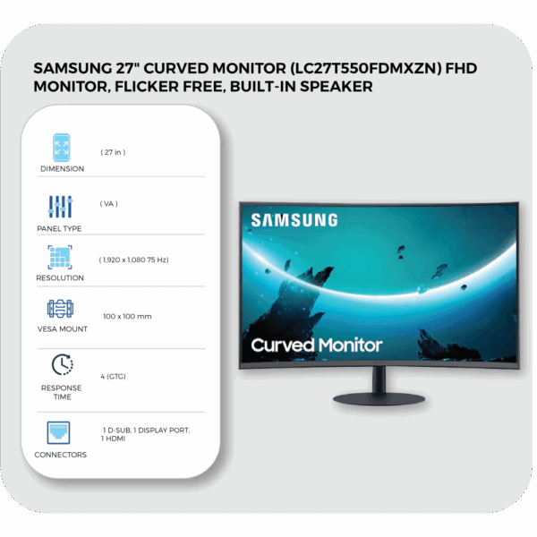 samsung 27" curved monitor (lc27t550fdmxzn) fhd monitor, flicker free, built in speaker
