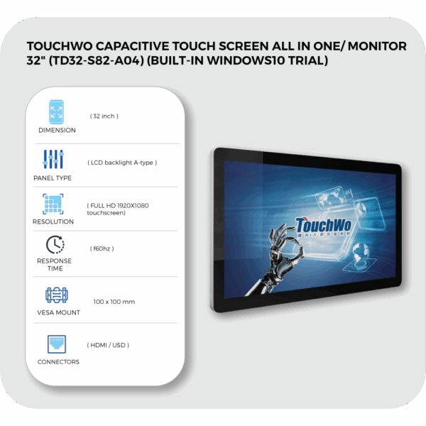 TOUCHWO Capacitive Touch Screen All In One/ Monitor 32" (TD32-S82-A04) (Built-In Windows10 Trial) - Image 5