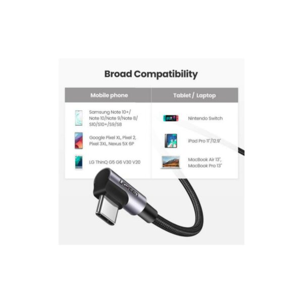 ugreen 70531 angled usb c cable aluminum case with braided 2m (black)