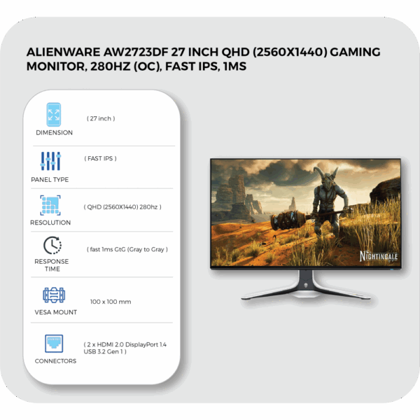 alienware aw2723df 27 inch qhd (2560x1440) gaming monitor, 280hz (oc), fast ips, 1ms
