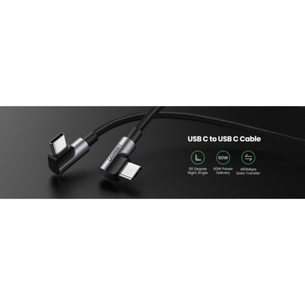 ugreen 70531 angled usb c cable aluminum case with braided 2m (black)