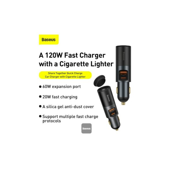 baseus share together fast car charger with cigarette lighter port u+c 120w gray (ccbx 120cx)