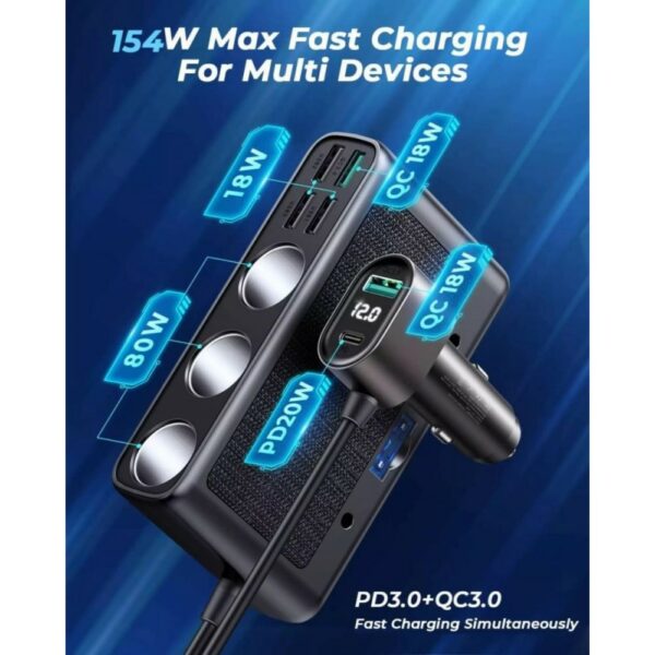 joyroom 154w car charger adapter with three sockets +six ports (pd+qc3.0+usb*4) ( jr cl06 )