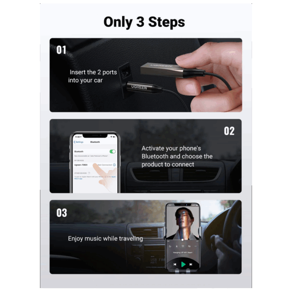 ugreen 70601 bluetooth car receiver aux with mic (space gray)
