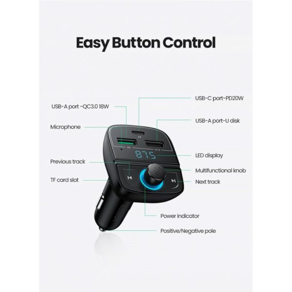 ugreen 80910 bluetooth car charger (5.0+pd+qc3.0+usb flash drive+tf) (black)