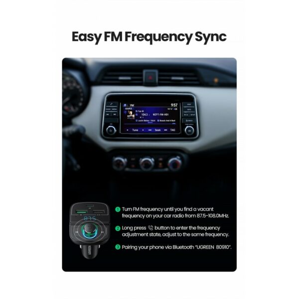 ugreen 80910 bluetooth car charger (5.0+pd+qc3.0+usb flash drive+tf) (black)