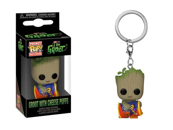 funko pop! keychain i am groot – groot with cheese puffs vinyl figure keychain