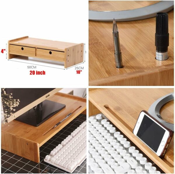 bamboo double drawers monitor stand riser