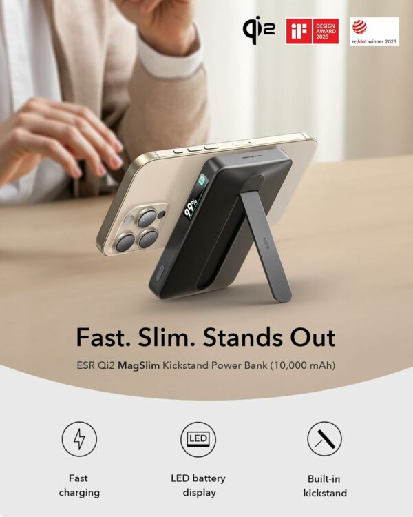 esr qi2 magslim kickstand power bank 10,000 mah – black