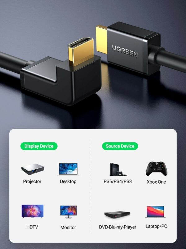 ugreen 10122 hdmi cable right angle 90 degree 3m (black) (6957303811229)