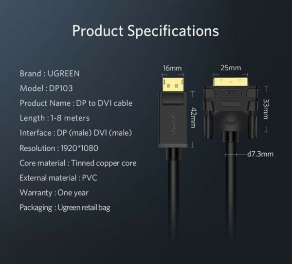 ugreen 10221 dp male to dvi male cable 2m (black) (6957303812219)