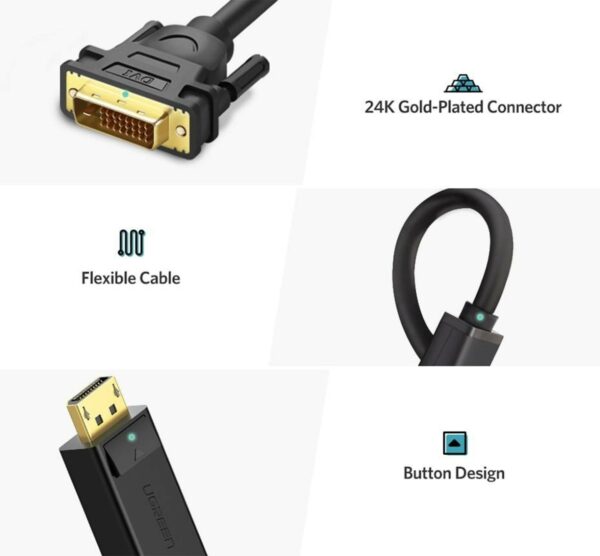 ugreen 10221 dp male to dvi male cable 2m (black) (6957303812219)