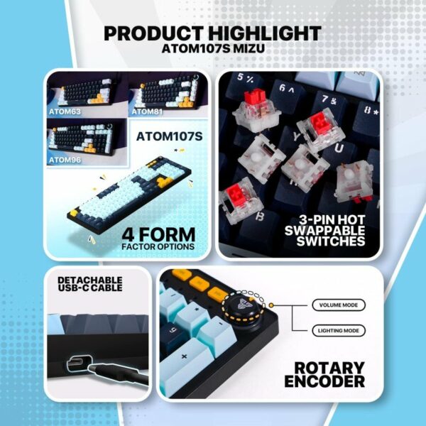 fantech atom107s mk893s wired mechanical keyboard – mizu edition (navy, red switch)