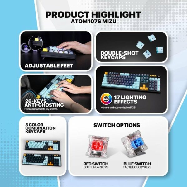 fantech atom107s mk893s wired mechanical keyboard – mizu edition (navy, red switch)