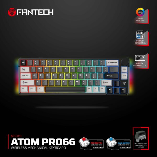 fantech atom pro66 mk919 wireless mechanical keyboard – black (red switch)