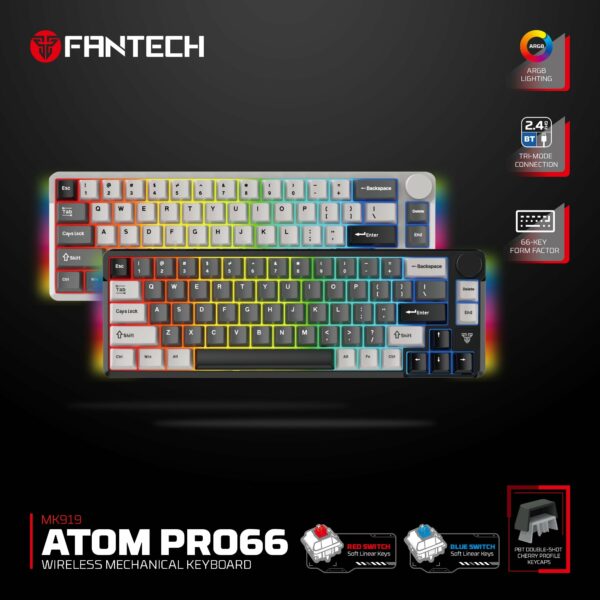 fantech atom pro66 mk919 wireless mechanical keyboard – black (red switch)
