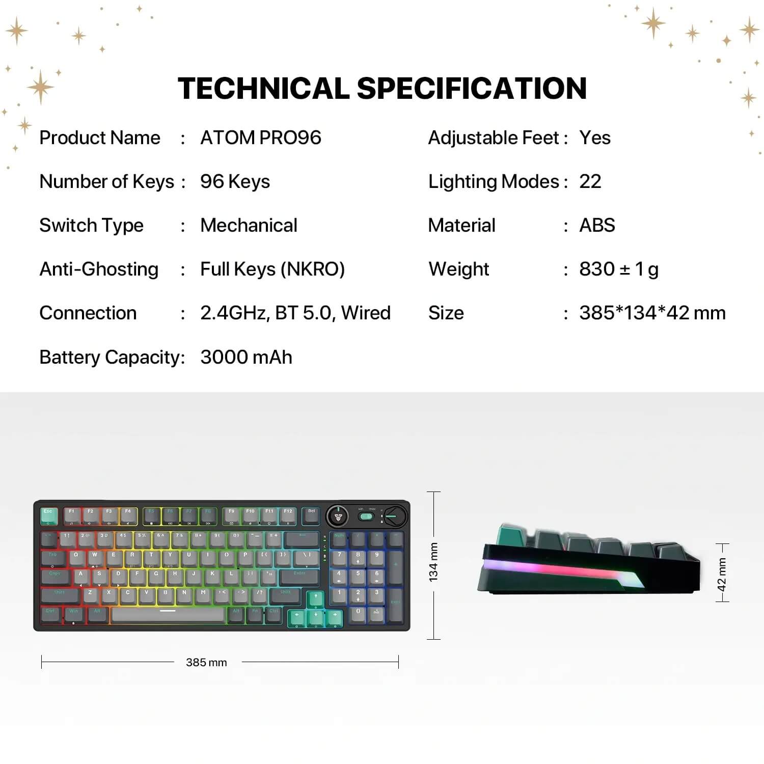 fantech mk914 atom pro96 tri mode mechanical gaming keyboard – stellar edition (blue switch)