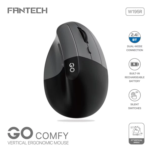 fantech w195r go comfy vertical ergonomic wireless mouse (grey)