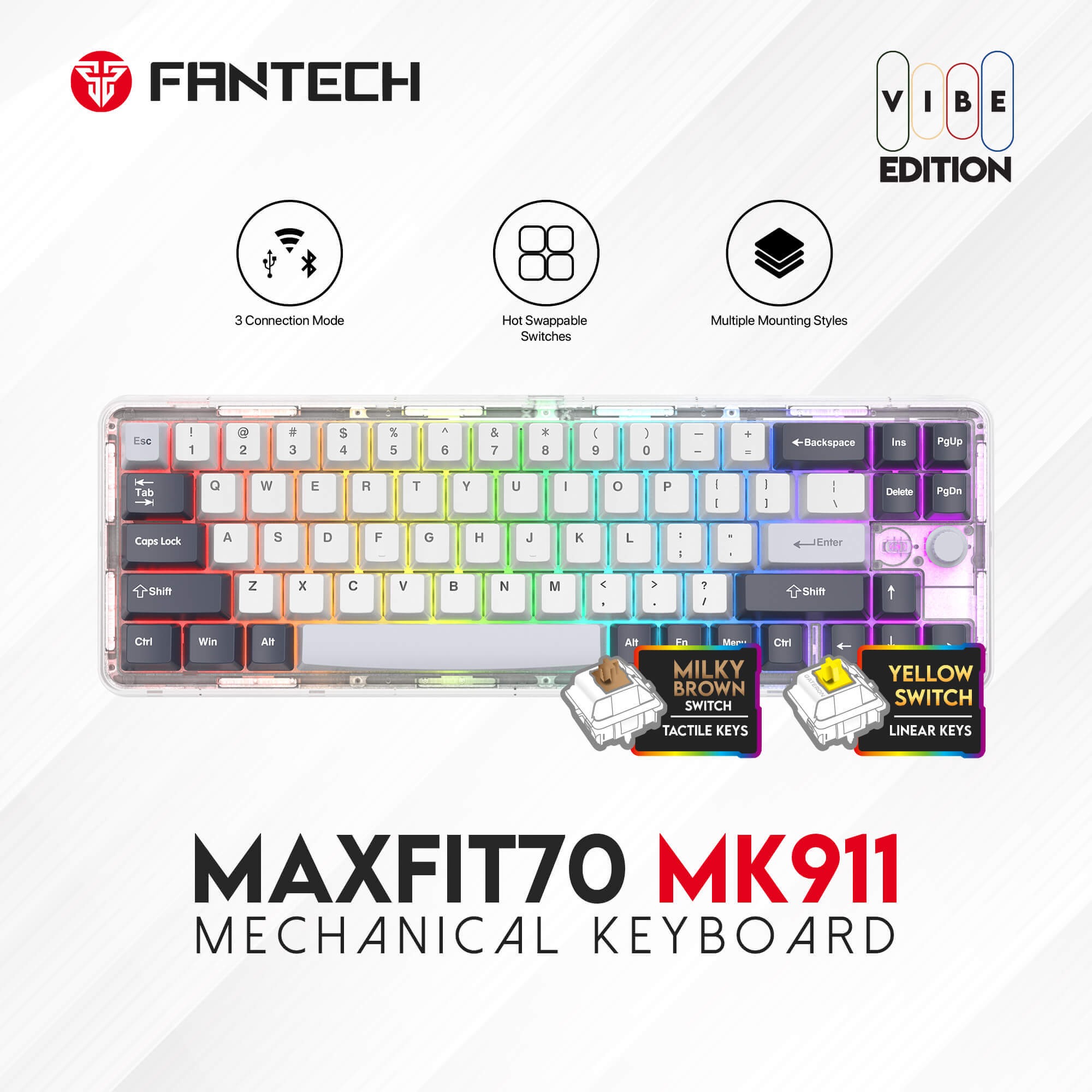 fantech maxfit70 vibe mk911 wireless mechanical keyboard – epic greyscale white (yellow switch)