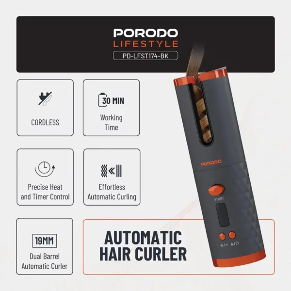 porodo lifestyle automatic hair curler – black