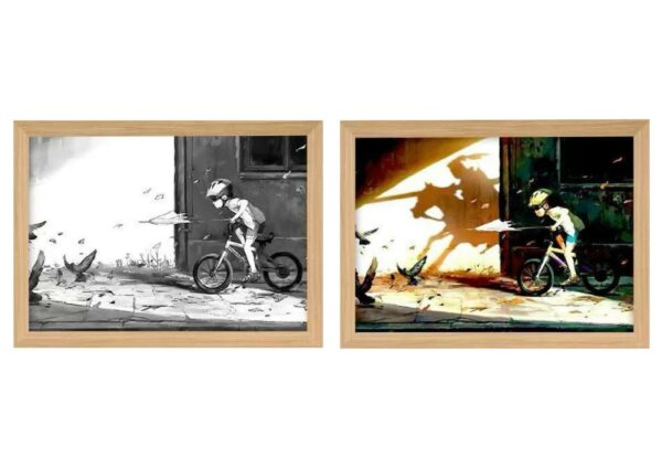 ambient light photo frame kid on bicycle with knight shadow
