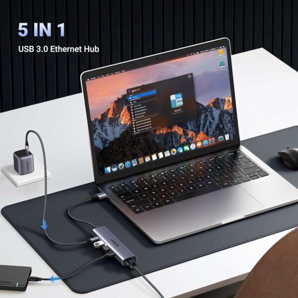 Ugreen - 60554 USB3.0 to 3×USB3.0 +RJ45 (1000M) Ethernet Adapter Type-C Power Supply - Image 2