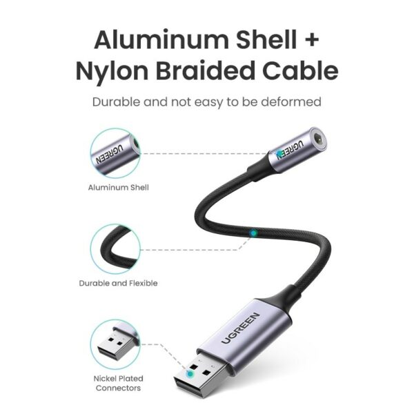 ugreen 30757 usb 2.0 to 3.5mm audio adapter aluminum alloy 25cm (dark gray)