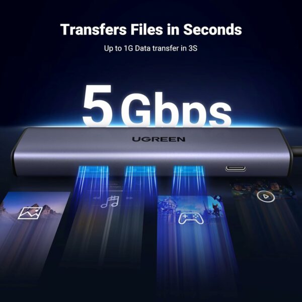 Ugreen - 60554 USB3.0 to 3×USB3.0 +RJ45 (1000M) Ethernet Adapter Type-C Power Supply - Image 3